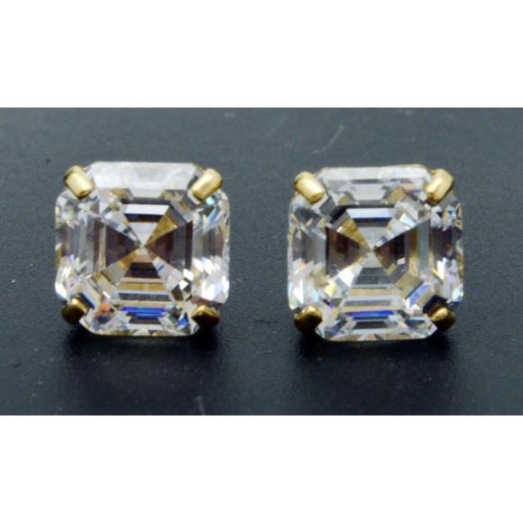 14K Solid Yellow Gold Screw Back 6ct 8mm Asscher cz Stud Earrings - Picture 2 of 6